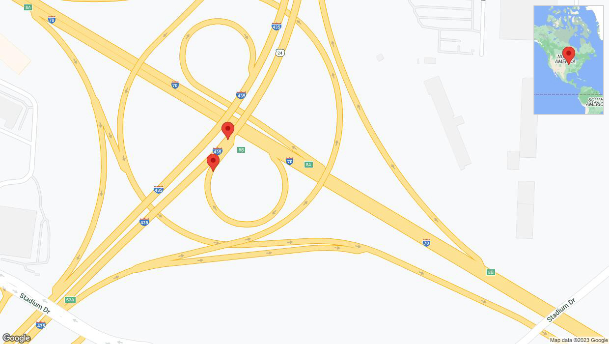 A detailed map that shows the affected road due to 'Broken down vehicle on Interstate 435 in Kansas City' on October 30th at 6:06 p.m.
