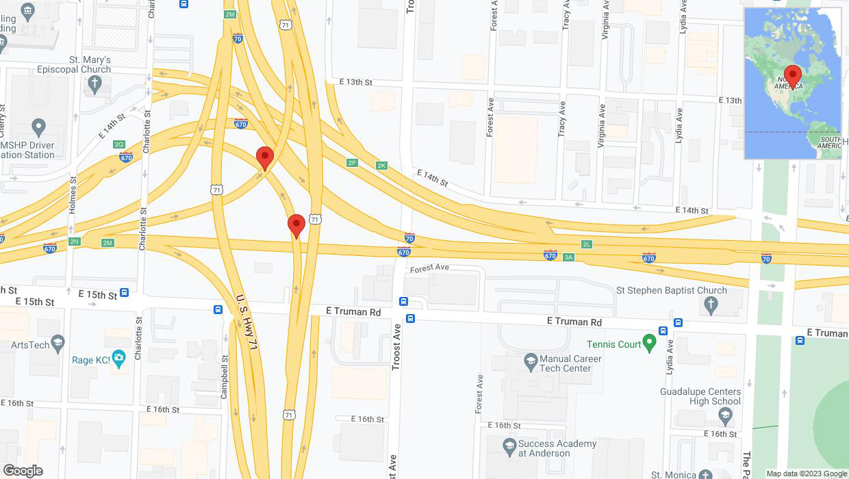 A detailed map that shows the affected road due to 'Broken down vehicle on East Truman Road in Kansas City' on October 30th at 6:48 p.m.