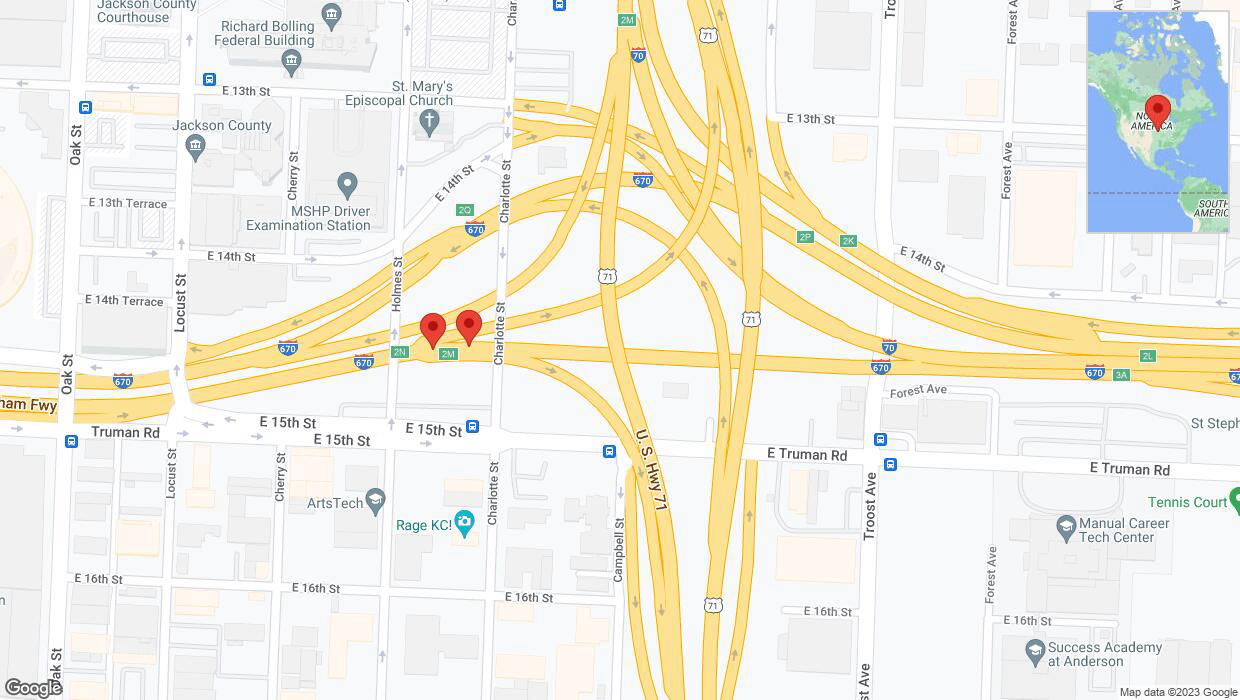 A detailed map that shows the affected road due to 'Broken down vehicle on eastbound I-670 in Kansas City' on October 31st at 12:36 p.m.