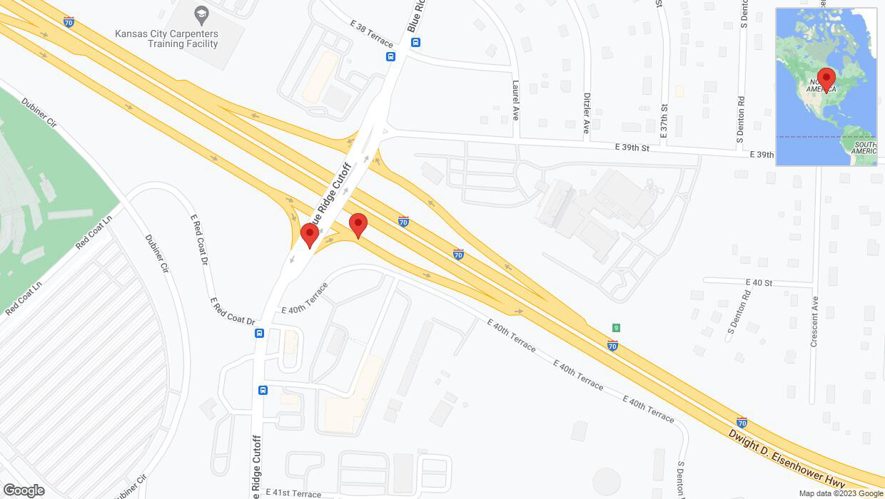 A detailed map that shows the affected road due to 'Broken down vehicle on Blue Ridge Cutoff in Kansas City' on October 31st at 1:12 p.m.