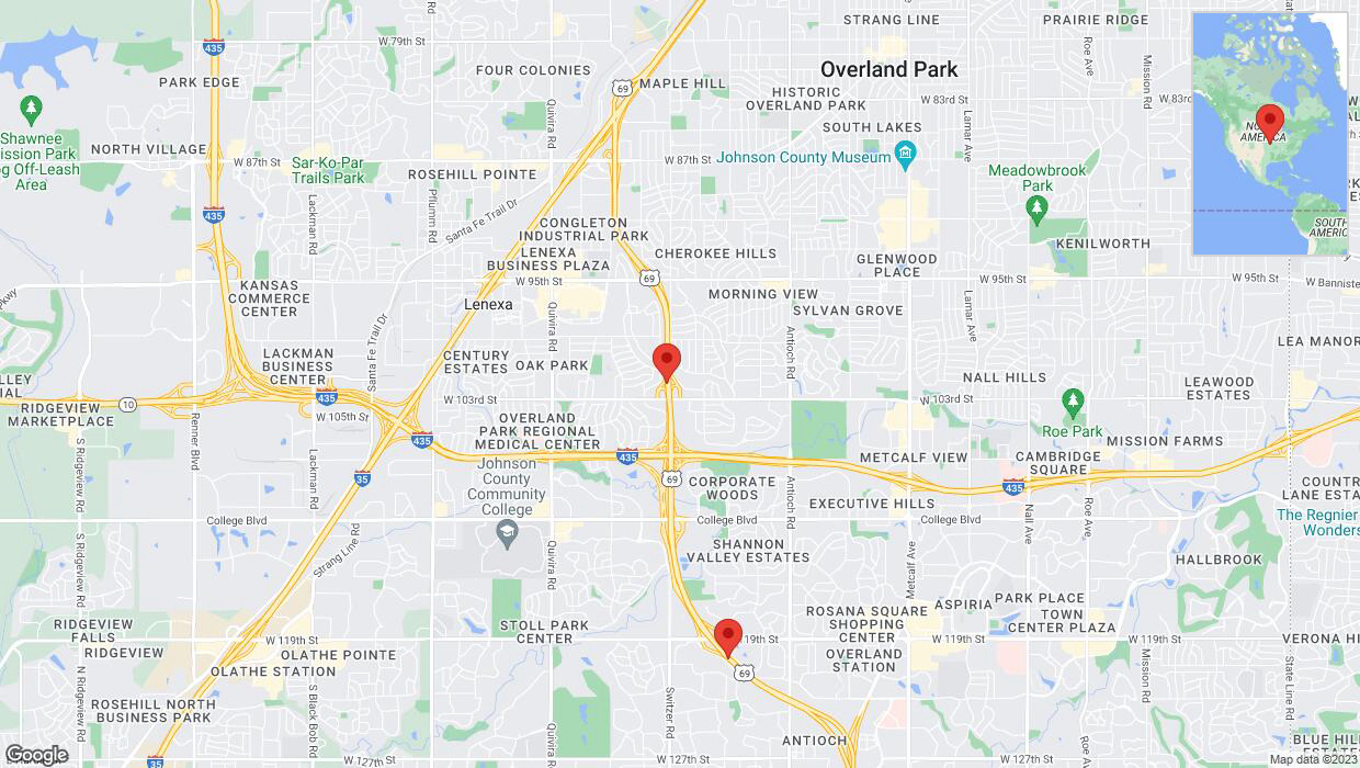 A detailed map that shows the affected road due to 'Lane on US-69 closed in Overland Park' on October 31st at 1:48 p.m.