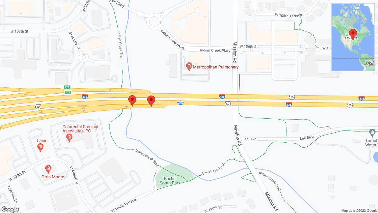 A detailed map that shows the affected road due to 'Broken down vehicle on U.S. 50 in Overland Park' on October 31st at 5:30 p.m.