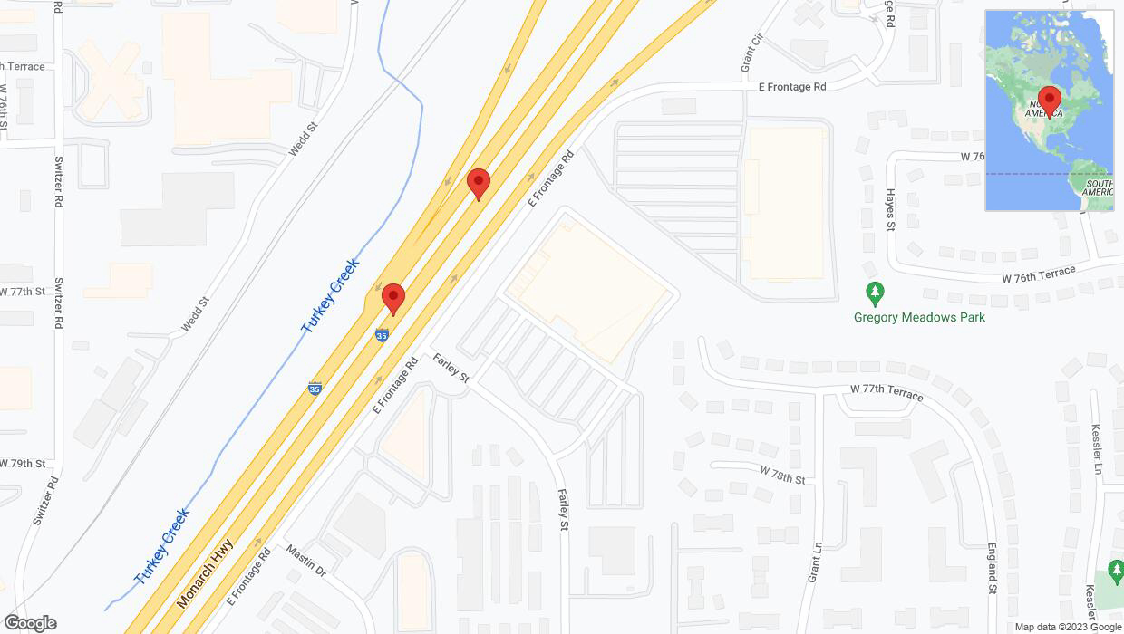 A detailed map that shows the affected road due to 'Broken down vehicle on eastbound I-35 in Overland Park' on October 31st at 5:42 p.m.