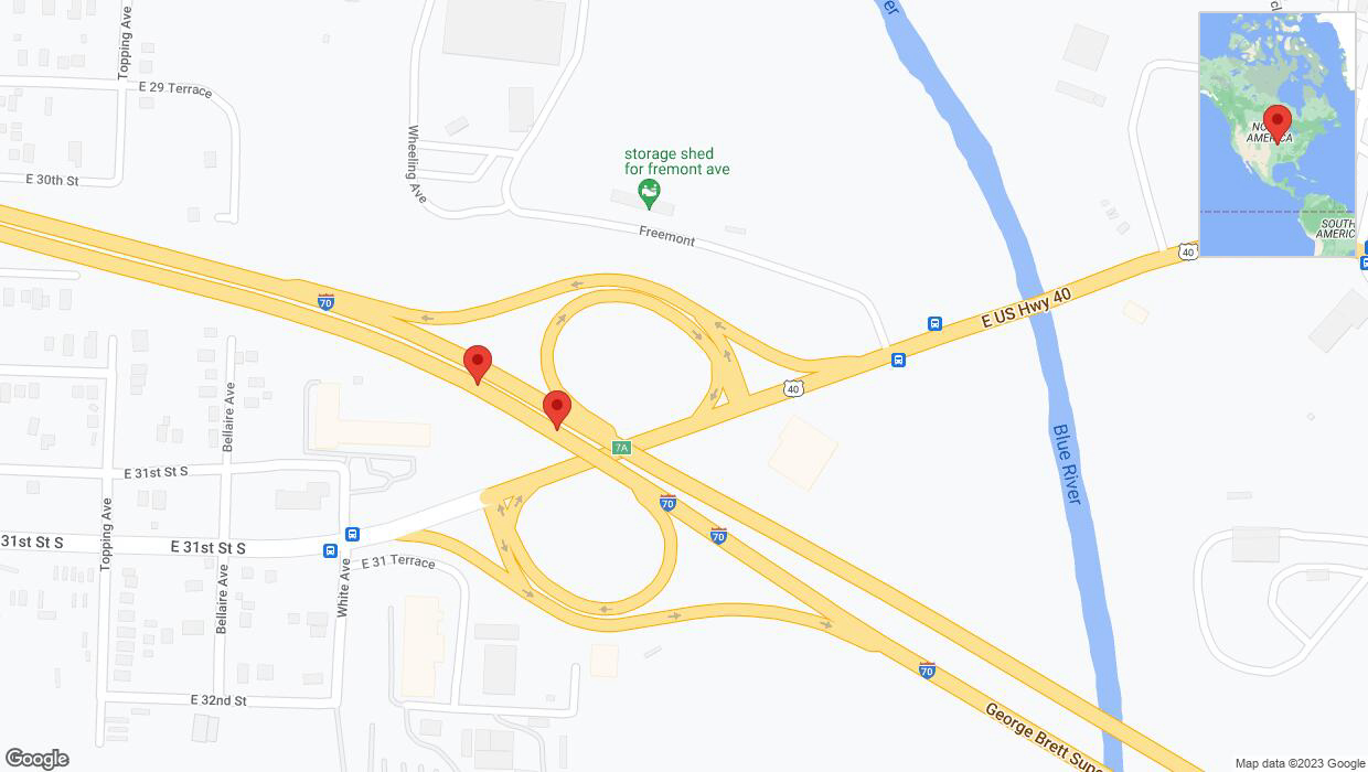 A detailed map that shows the affected road due to 'Broken down vehicle on eastbound I-70 in Kansas City' on November 1st at 7:06 p.m.