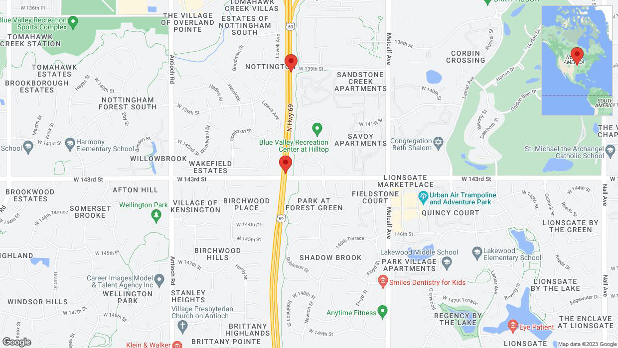 A detailed map that shows the affected road due to 'Broken down vehicle on northbound US-69 in Overland Park' on November 1st at 12:12 p.m.