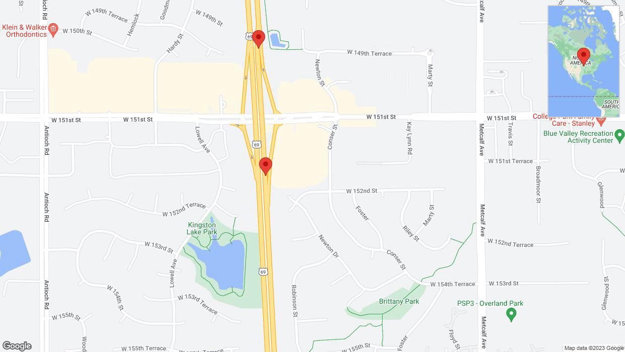 A detailed map that shows the affected road due to 'Lane on US-69 closed in Overland Park' on November 1st at 12:48 p.m.