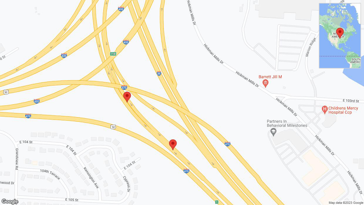 A detailed map that shows the affected road due to 'Broken down vehicle on East 104 Street in Kansas City' on November 1st at 1:48 p.m.
