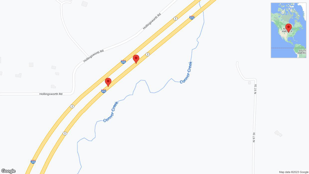 A detailed map that shows the affected road due to 'Broken down vehicle on northbound I-435 in Kansas City' on November 1st at 1:42 p.m.