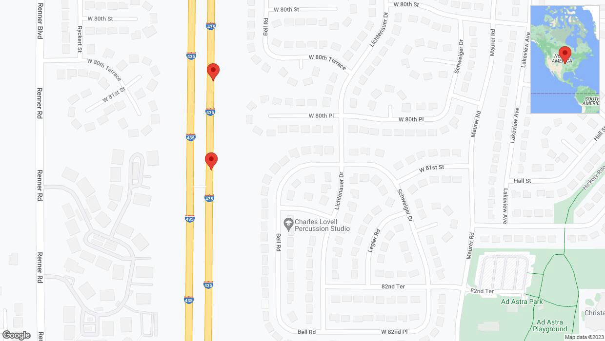 A detailed map that shows the affected road due to 'Broken down vehicle on northbound I-435 in Lenexa' on November 1st at 4:36 p.m.