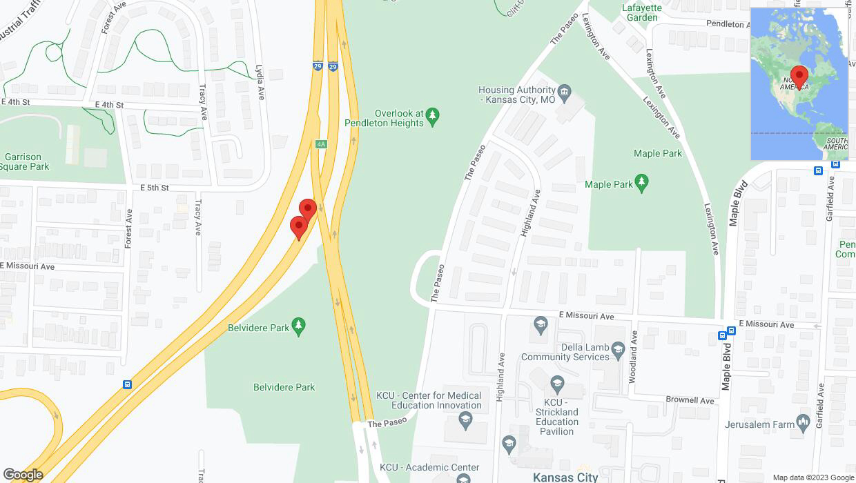 A detailed map that shows the affected road due to 'Broken down vehicle on northbound I-35 in Kansas City' on November 3rd at 1:45 p.m.