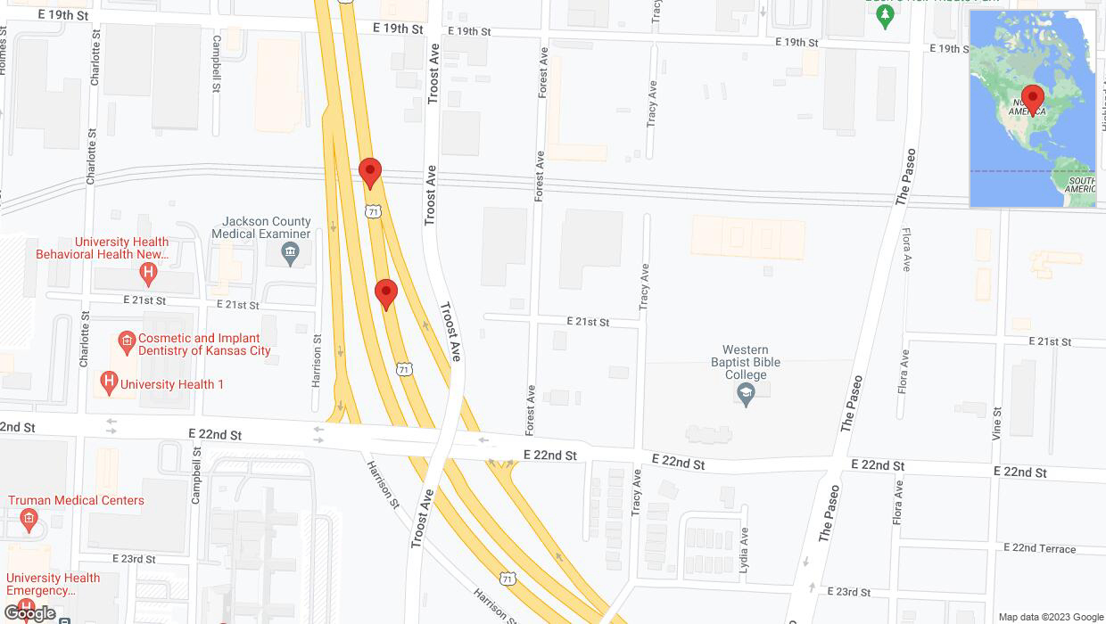 A detailed map that shows the affected road due to 'Broken down vehicle on northbound US-71 in Kansas City' on November 1st at 5 p.m.