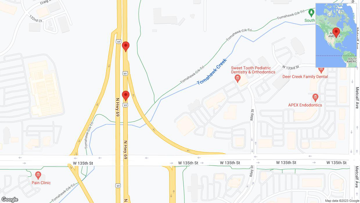A detailed map that shows the affected road due to 'Broken down vehicle on northbound US-69 in Overland Park' on November 1st at 5:54 p.m.