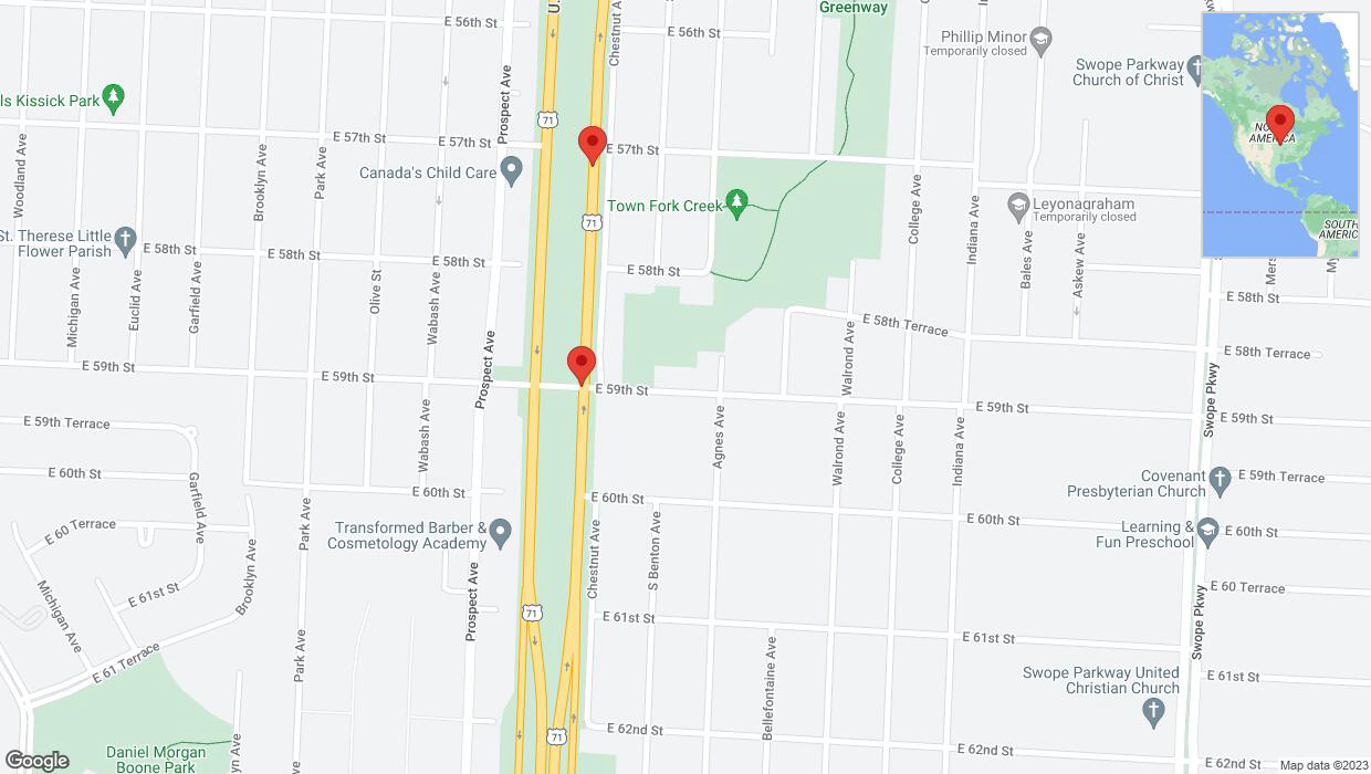 A detailed map that shows the affected road due to 'Broken down vehicle on northbound the Bruce R Watkins Expressway/US-71 in Kansas City' on November 1st at 6:06 p.m.