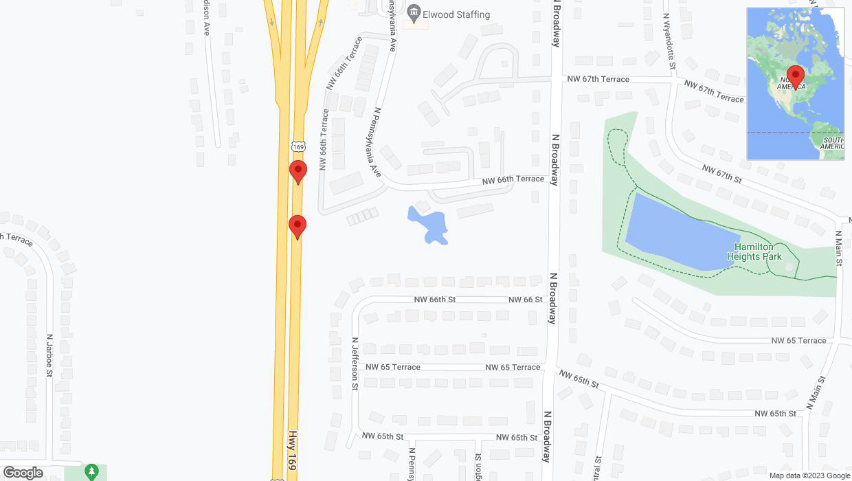 A detailed map that shows the affected road due to 'Broken down vehicle on northbound US-169 in Kansas City' on November 2nd at 1:29 p.m.