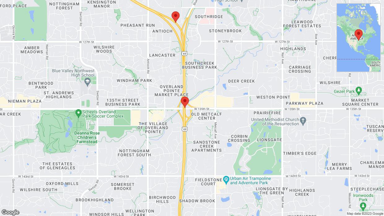 A detailed map that shows the affected road due to 'Lane on US-69 closed in Overland Park' on November 2nd at 1:53 p.m.