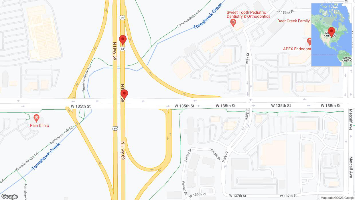A detailed map that shows the affected road due to 'Lane on US-69 closed in Overland Park' on November 2nd at 3:53 p.m.