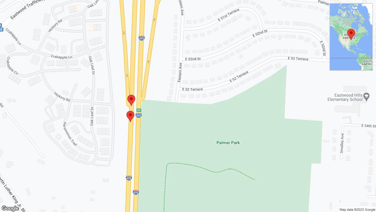 A detailed map that shows the affected road due to 'Broken down vehicle on southbound I-435 in Kansas City' on November 2nd at 4:59 p.m.