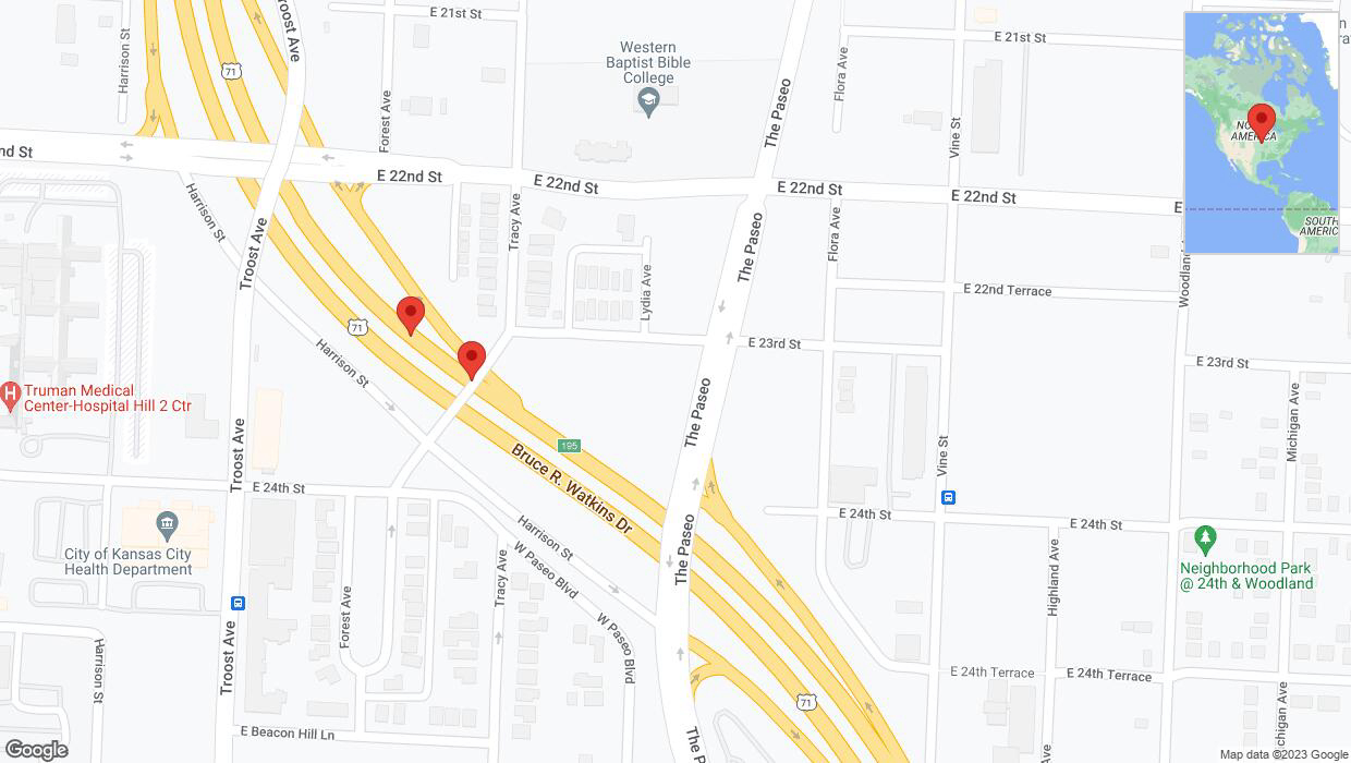 A detailed map that shows the affected road due to 'Warning in Kansas City: Crash reported on northbound US-71' on November 2nd at 5:41 p.m.