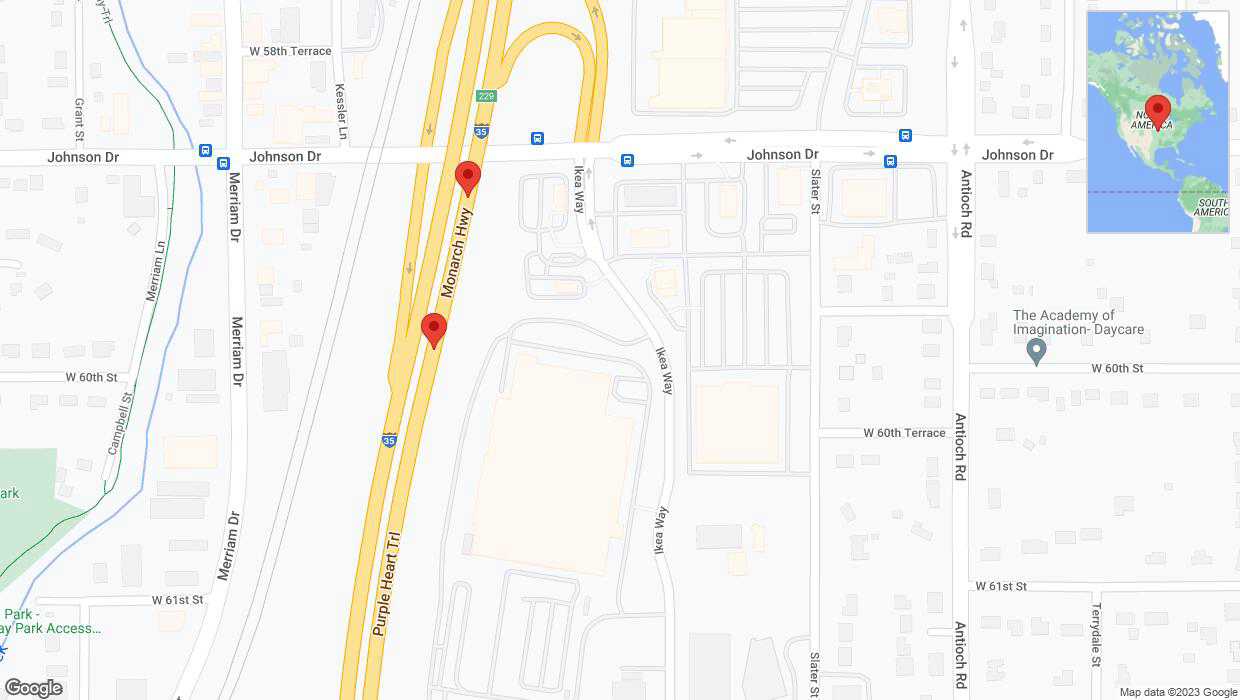 A detailed map that shows the affected road due to 'Broken down vehicle on northbound I-35 in Merriam' on November 2nd at 11:34 p.m.