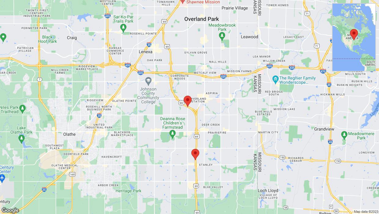 A detailed map that shows the affected road due to 'Lane on US-69 closed in Overland Park' on November 2nd at 11:52 p.m.