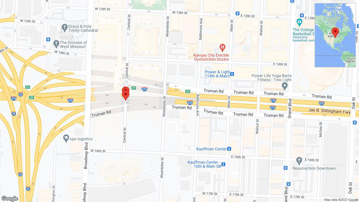 A detailed map that shows the affected road due to 'Broken down vehicle on Central Street in Kansas City' on November 3rd at 1:33 p.m.
