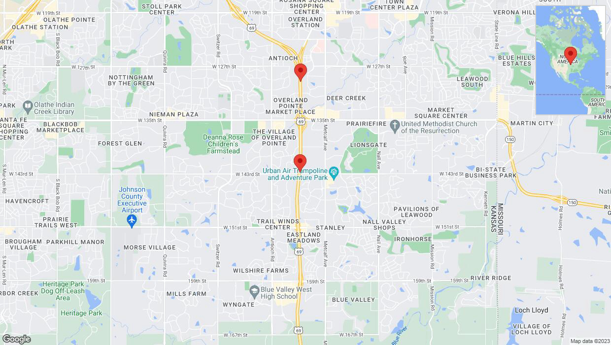 A detailed map that shows the affected road due to 'Lane on US-69 closed in Overland Park' on November 3rd at 1:51 p.m.