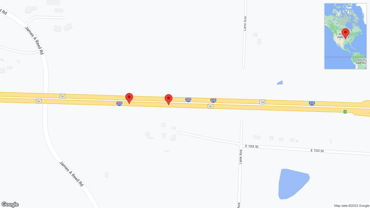 A detailed map that shows the affected road due to 'Broken down vehicle on eastbound I-470 in Kansas City' on November 3rd at 2:39 p.m.