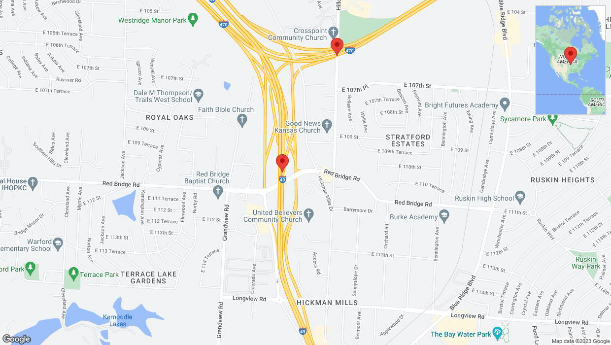 A detailed map that shows the affected road due to 'Warning in Kansas City: Crash reported on the U. S. Highway 71' on November 3rd at 4:08 p.m.