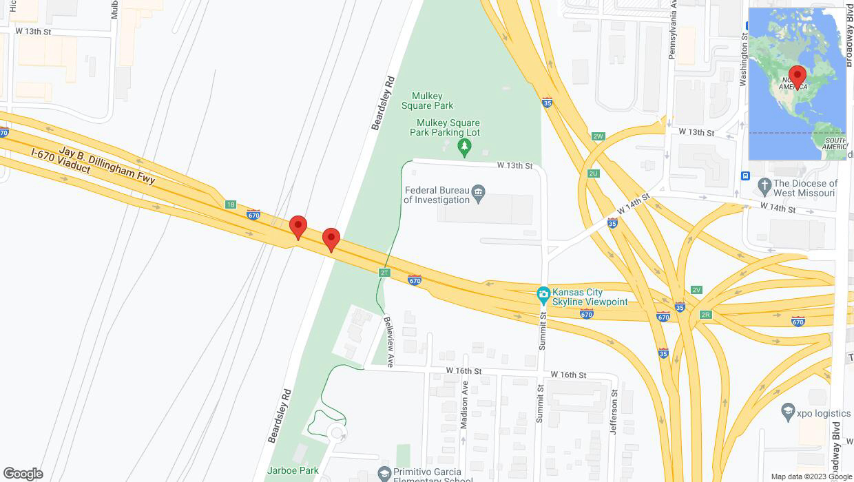 A detailed map that shows the affected road due to 'Warning in Kansas City: Crash reported on eastbound I-670' on November 3rd at 4:32 p.m.