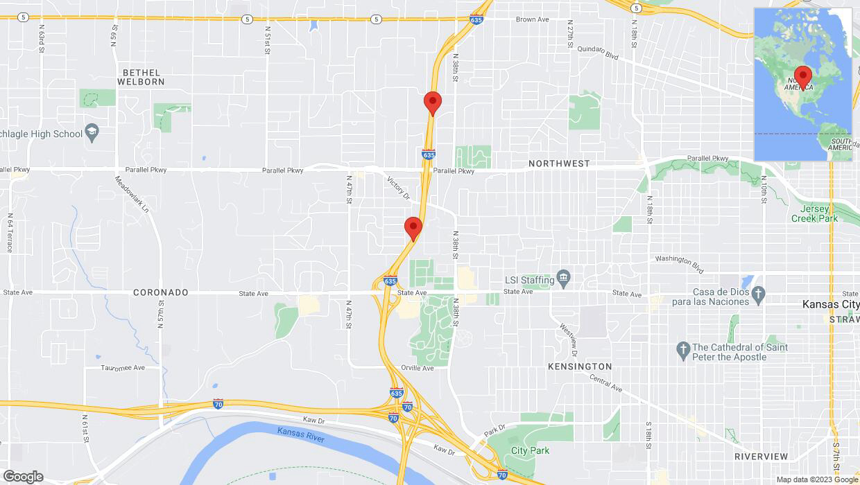 A detailed map that shows the affected road due to 'Warning in Kansas City: Crash reported on northbound I-635' on November 3rd at 5:26 p.m.