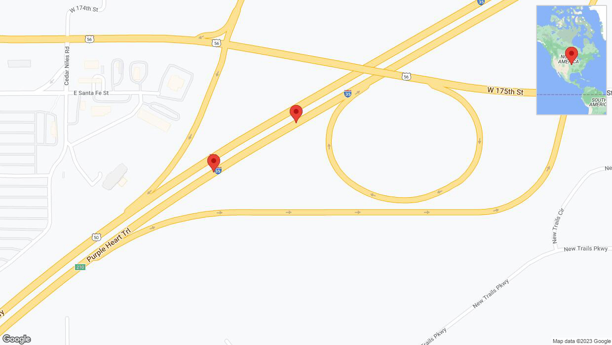 A detailed map that shows the affected road due to 'Broken down vehicle on northbound I-35 in Gardner' on November 3rd at 6:02 p.m.