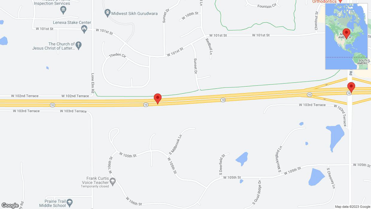 A detailed map that shows the affected road due to 'Warning: Crash on eastbound K-10 in Olathe' on November 3rd at 6:33 p.m.