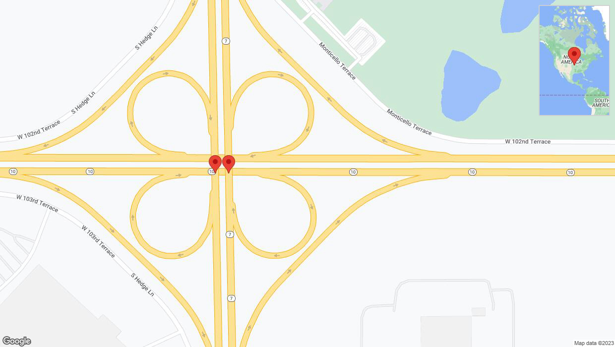 A detailed map that shows the affected road due to 'Warning in Lenexa: Crash reported on eastbound K-10' on November 3rd at 7:15 p.m.