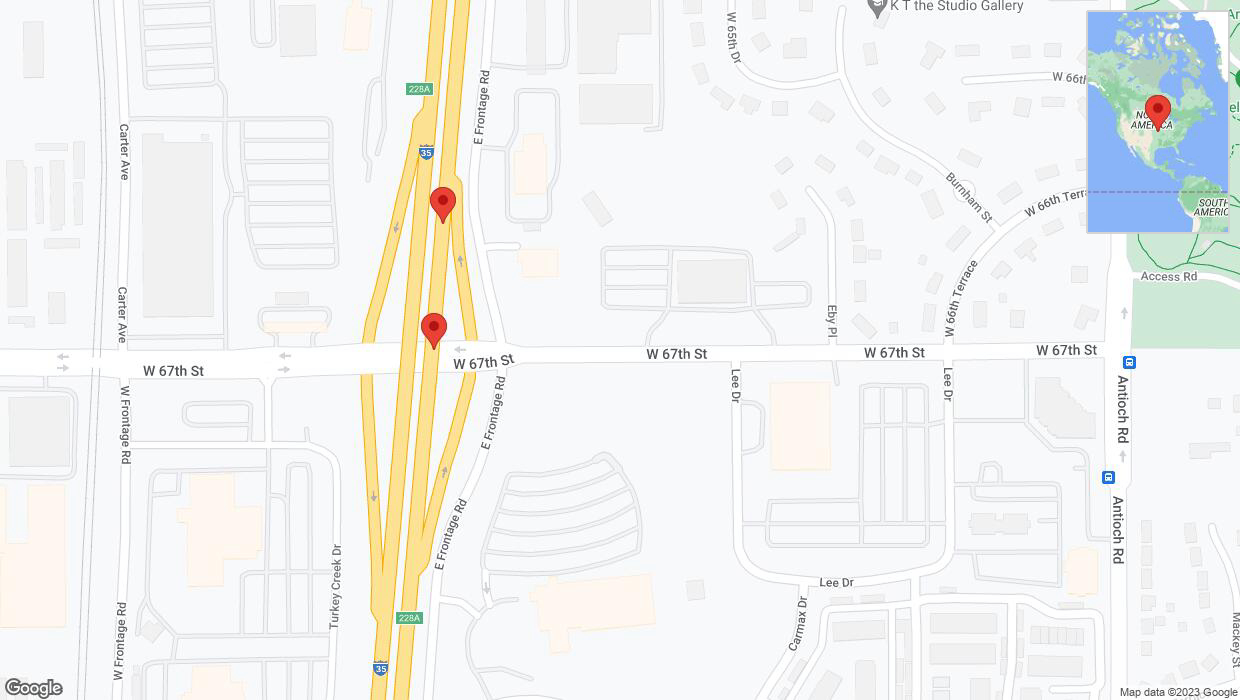 A detailed map that shows the affected road due to 'Broken down vehicle on eastbound I-35 in Merriam' on November 3rd at 11:32 p.m.