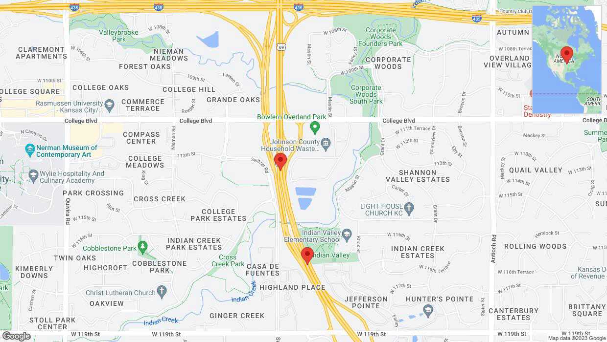 A detailed map that shows the affected road due to 'Lane on US-69 closed in Overland Park' on November 4th at 1:54 p.m.