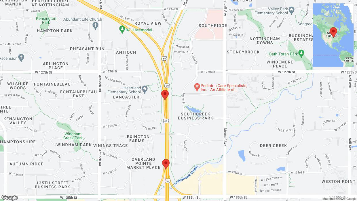 A detailed map that shows the affected road due to 'Lane on US-69 closed in Overland Park' on November 4th at 2:54 p.m.
