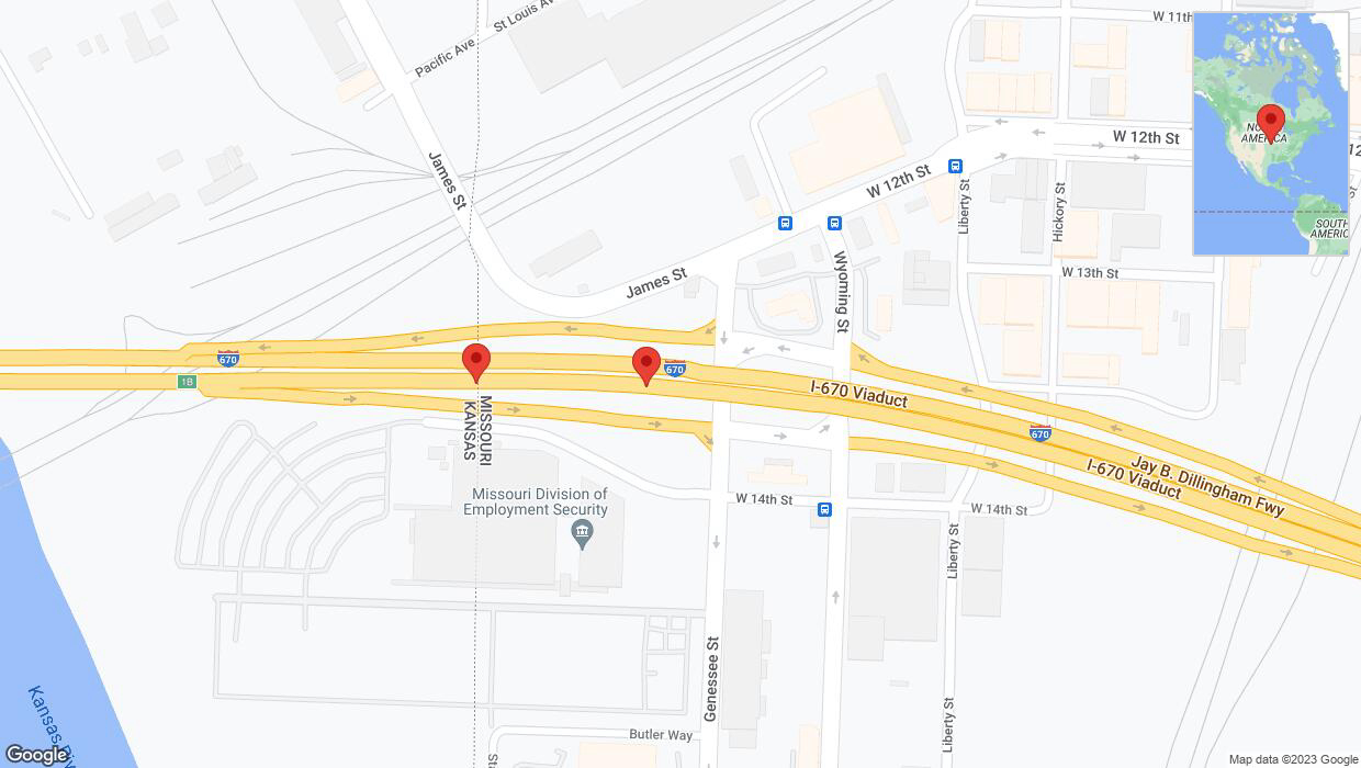 A detailed map that shows the affected road due to 'Broken down vehicle on eastbound I-670 in Kansas City' on November 5th at 12:30 p.m.