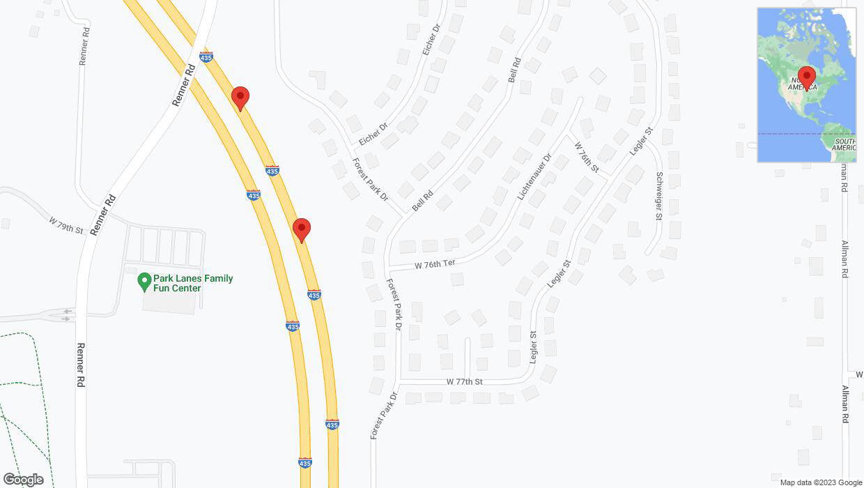 A detailed map that shows the affected road due to 'Broken down vehicle on northbound I-435 in Shawnee' on November 5th at 3:17 p.m.