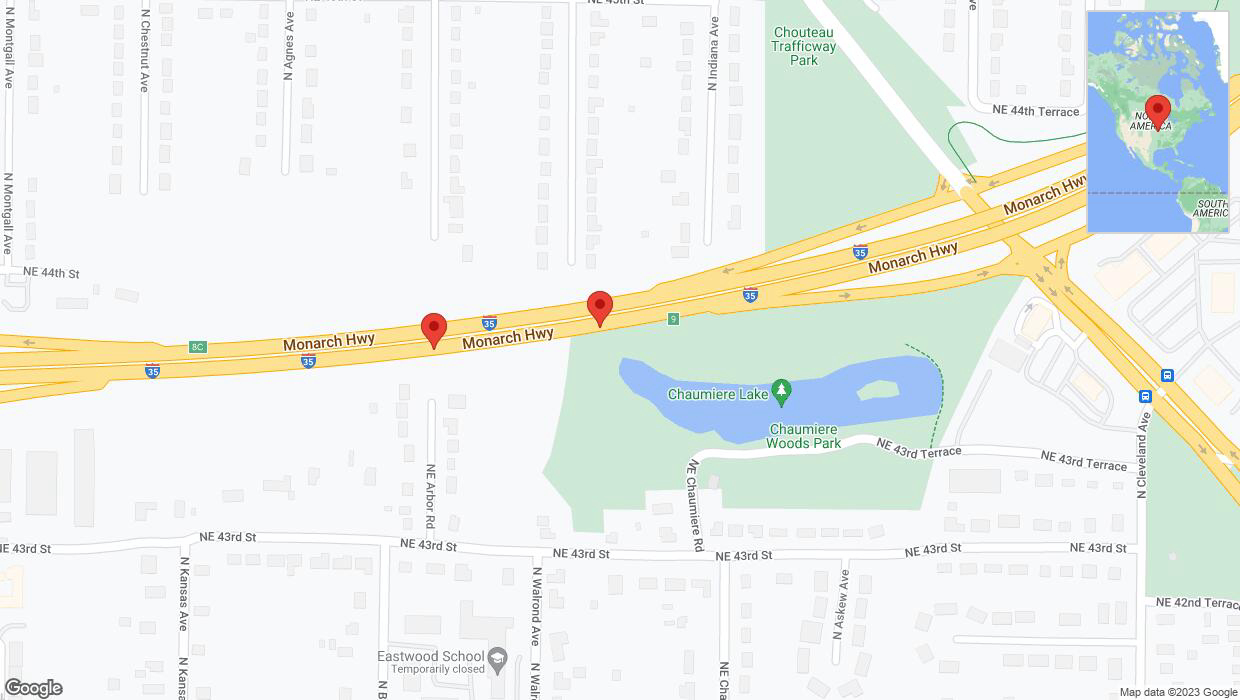 A detailed map that shows the affected road due to 'Broken down vehicle on northbound I-35 in Kansas City' on November 5th at 8:23 p.m.