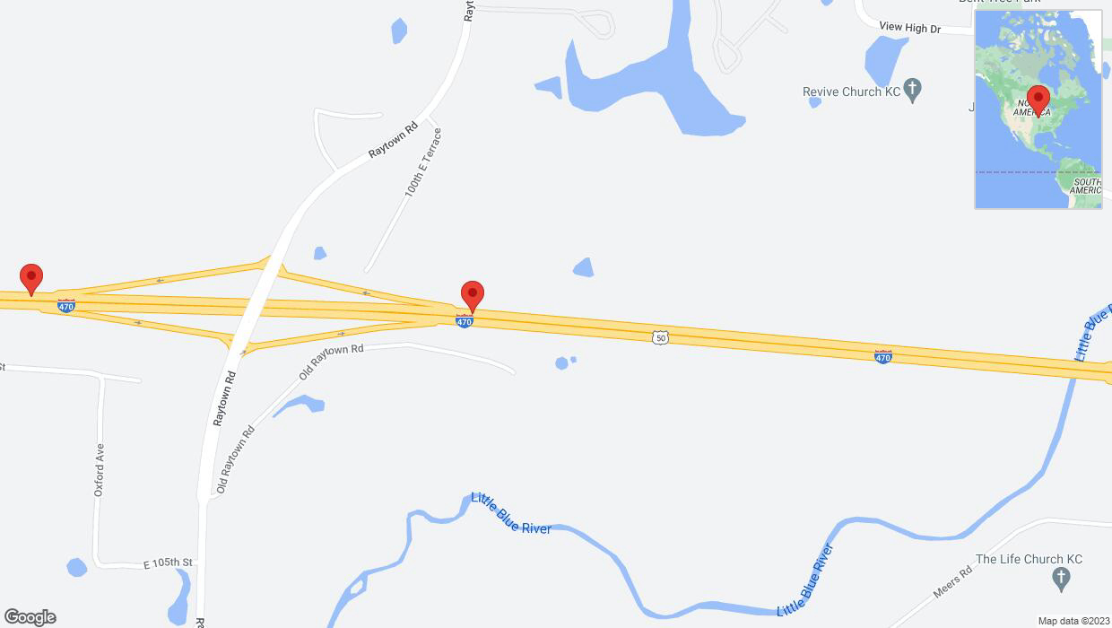 A detailed map that shows the affected road due to 'I-470 closed in Kansas City' on November 5th at 7:47 p.m.