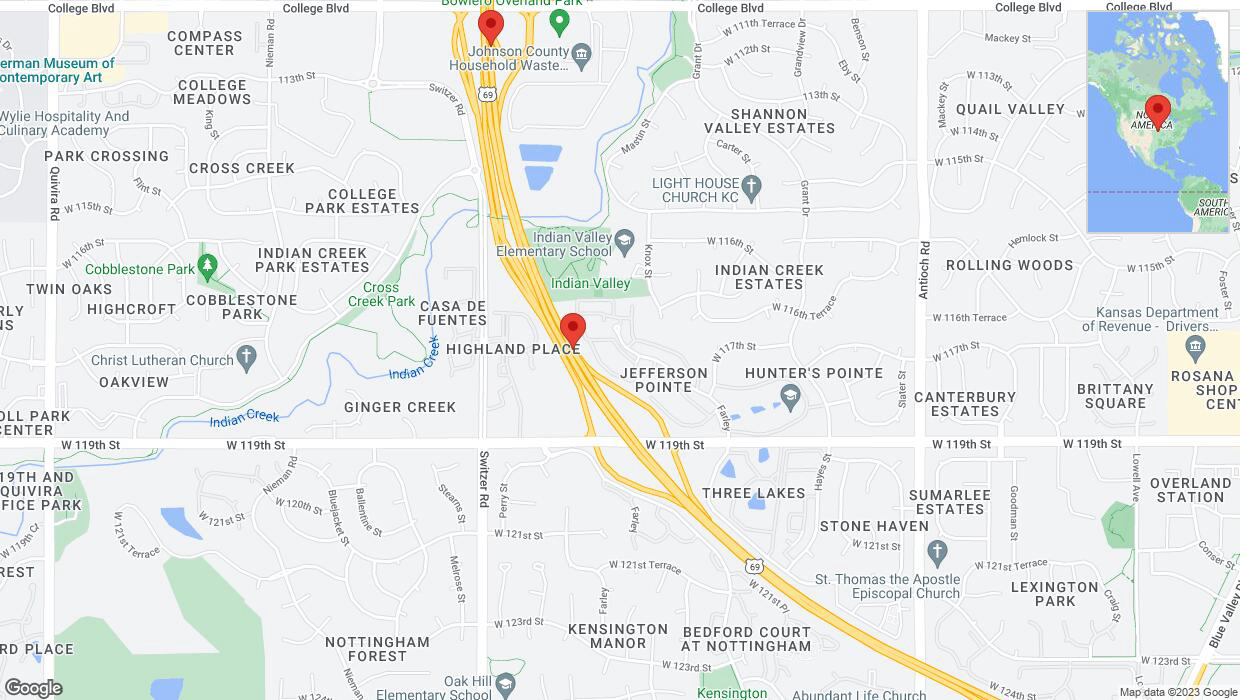 A detailed map that shows the affected road due to 'Lane on US-69 closed in Overland Park' on November 13th at 6:35 p.m.