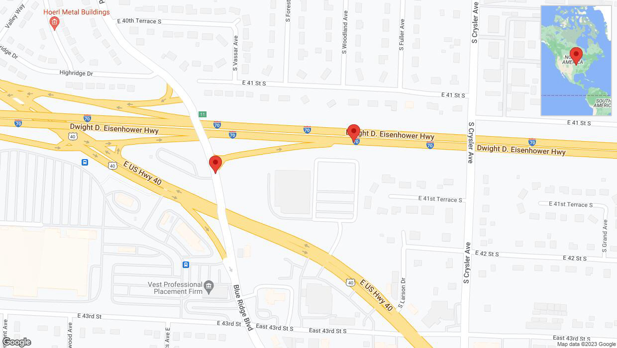 A detailed map that shows the affected road due to 'Blue Ridge Boulevard closed in Independence' on November 8th at 4:11 p.m.