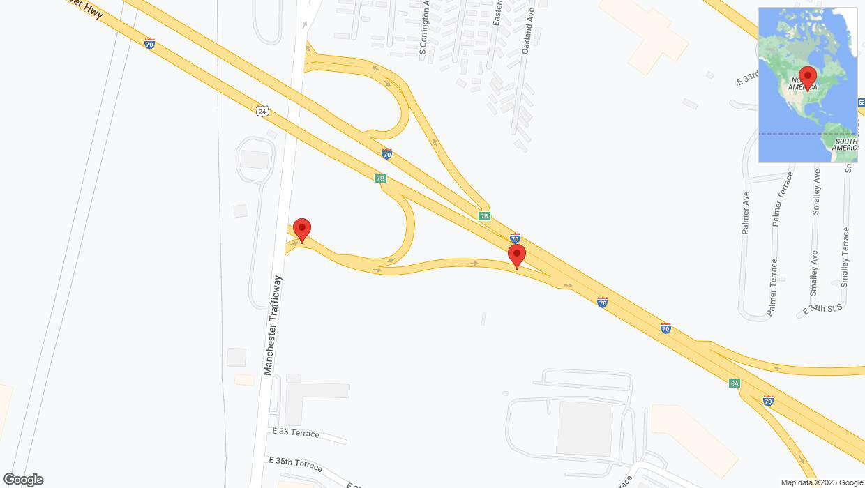 A detailed map that shows the affected road due to 'Warning: Crash on Manchester Trafficway in Kansas City' on November 6th at 12:01 p.m.