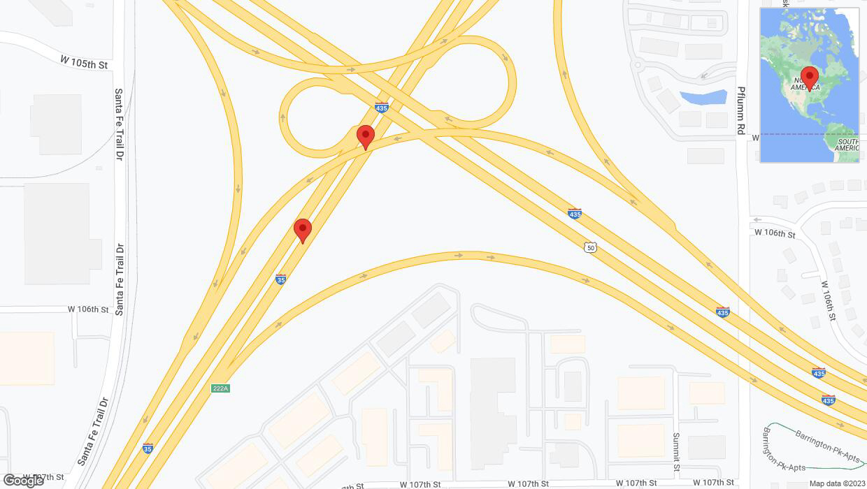A detailed map that shows the affected road due to 'Broken down vehicle on eastbound I-35 in Lenexa' on November 6th at 12:19 p.m.