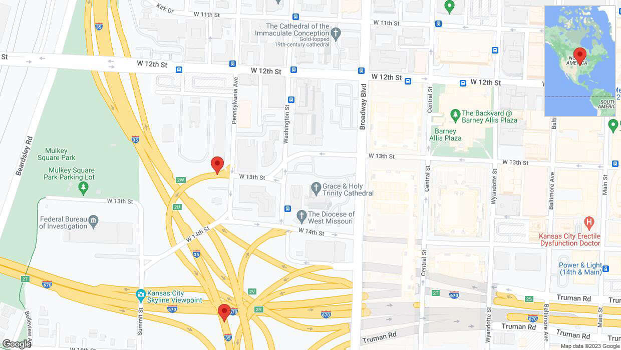 A detailed map that shows the affected road due to 'Pennsylvania Avenue: bridge closed between West 13th Street / Pennsylvania Avenue and I-35 South' on November 6th at 1:01 p.m.