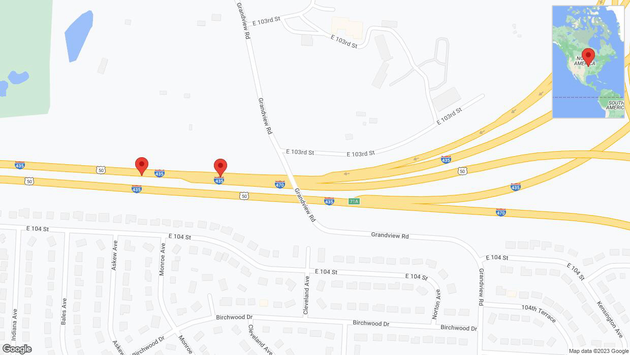 A detailed map that shows the affected road due to 'Broken down vehicle on southbound I-435 in Kansas City' on November 6th at 3:49 p.m.