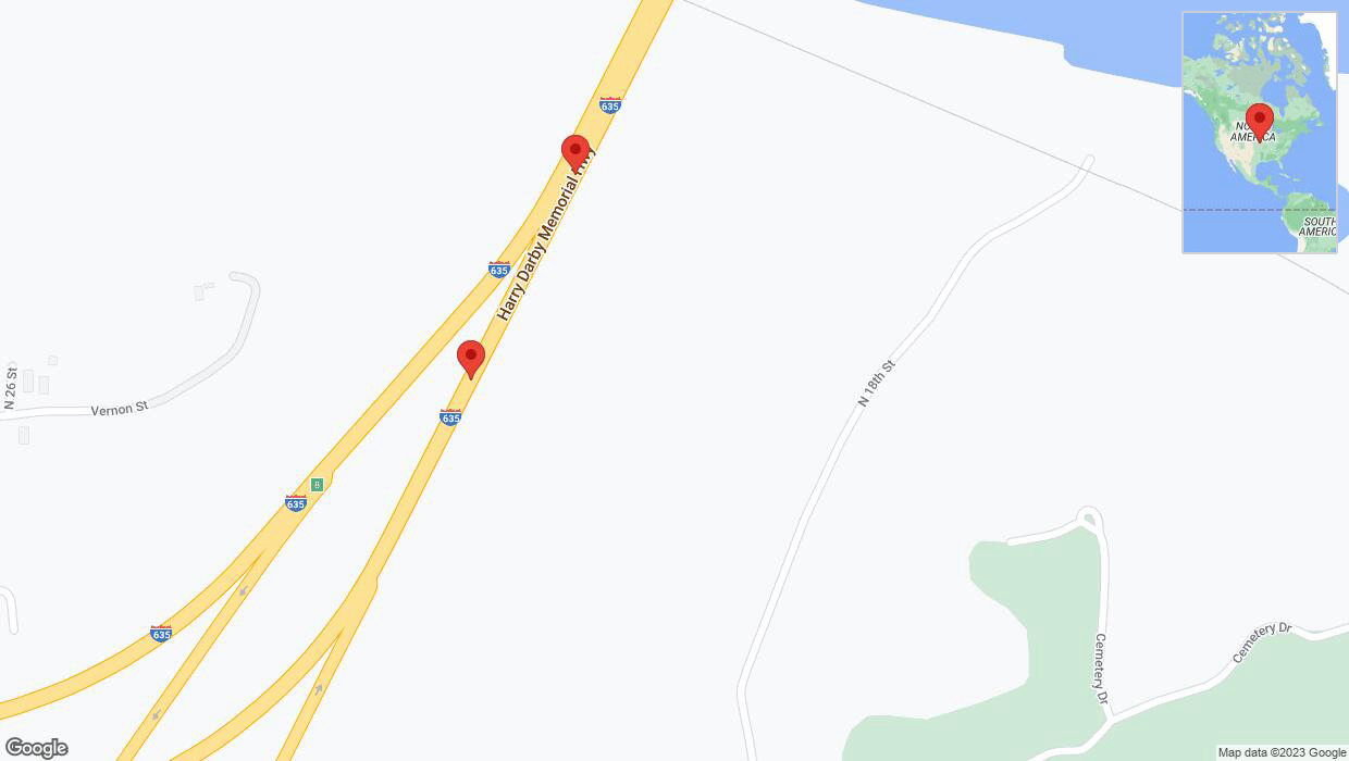 A detailed map that shows the affected road due to 'Broken down vehicle on northbound I-635 in Kansas City' on November 6th at 2:37 p.m.