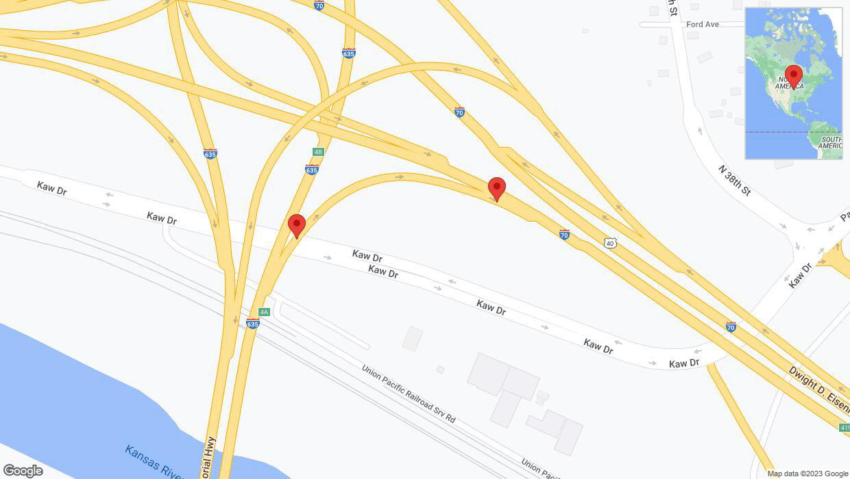 A detailed map that shows the affected road due to 'Broken down vehicle on Kaw Drive Frontage Road in Kansas City' on November 6th at 5:01 p.m.