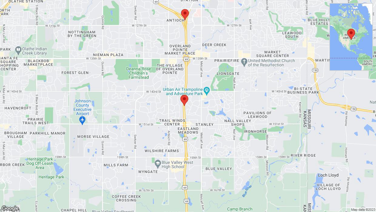 A detailed map that shows the affected road due to 'Lane on US-69 closed in Overland Park' on November 6th at 2:19 p.m.