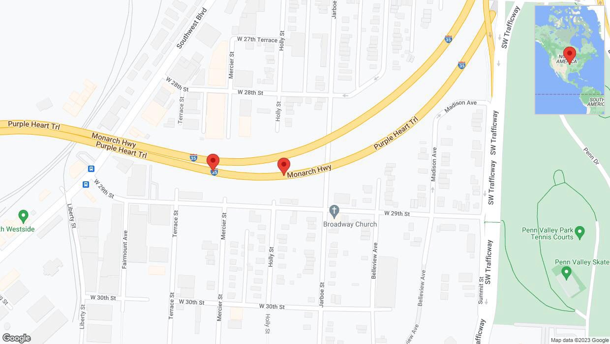 A detailed map that shows the affected road due to 'Broken down vehicle on northbound I-35 in Kansas City' on November 6th at 3:37 p.m.